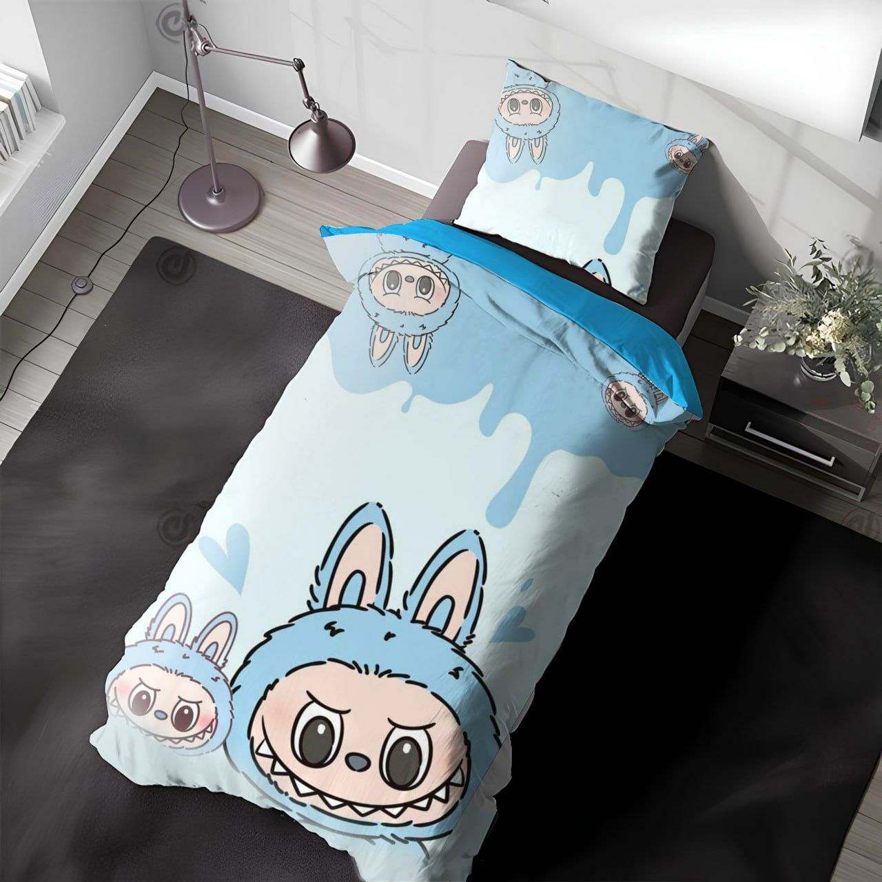 سرویس روتختی یک نفره طرح لبوبو برند آنسل با پارچه سه‌بعدی و لحاف دو رو مغزی‌دوزی شده