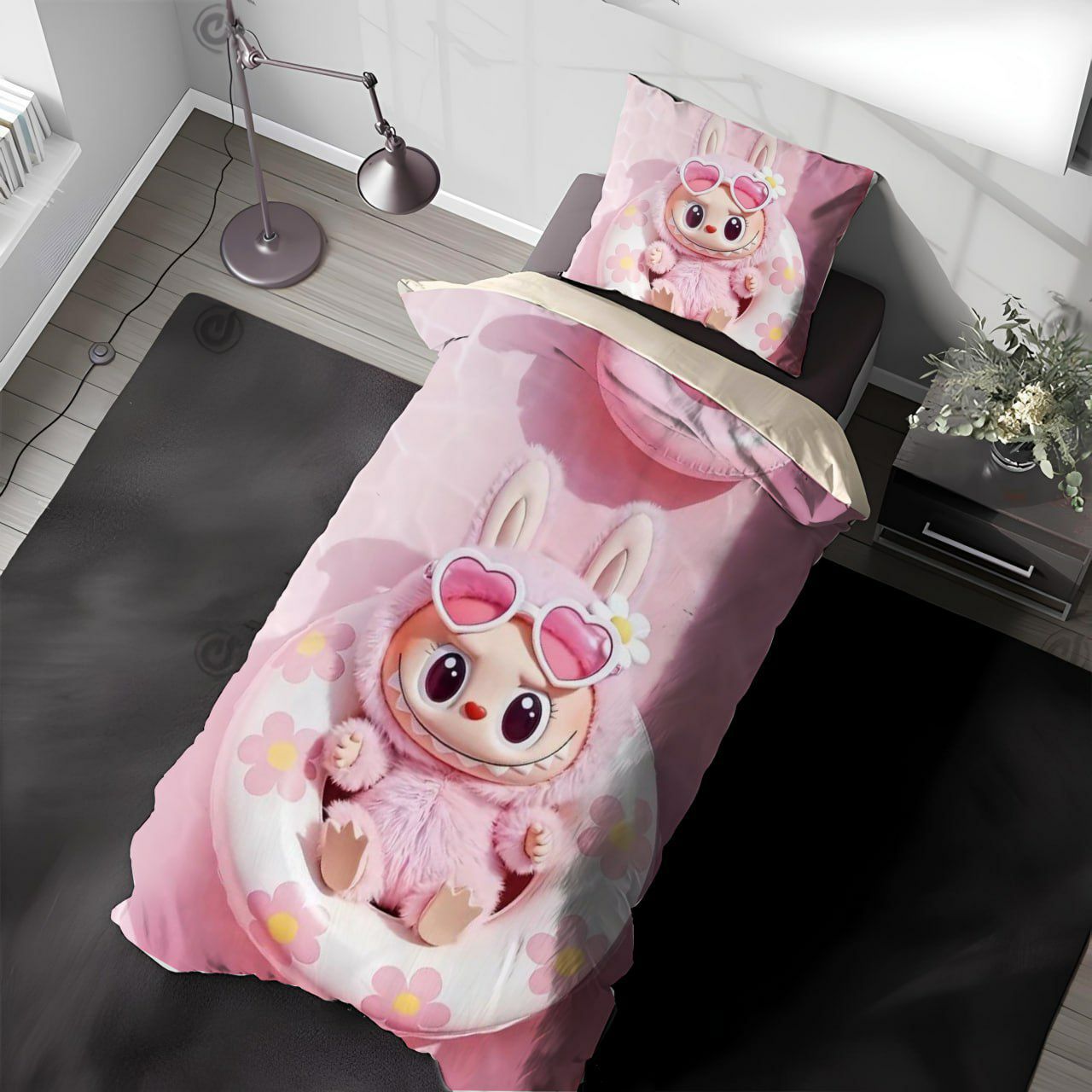 سرویس روتختی یک نفره طرح لبوبو برند آنسل با پارچه سه‌بعدی و لحاف دو رو مغزی‌دوزی شده