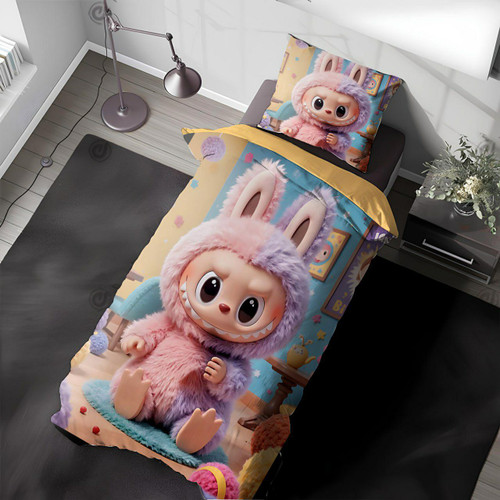 سرویس روتختی یک نفره طرح لبوبو برند آنسل با پارچه سهبعدی و لحاف دو رو مغزیدوزی شده