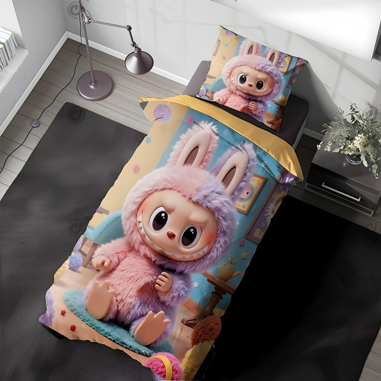 سرویس روتختی یک نفره طرح لبوبو برند آنسل با پارچه سهبعدی و لحاف دو رو مغزیدوزی شده