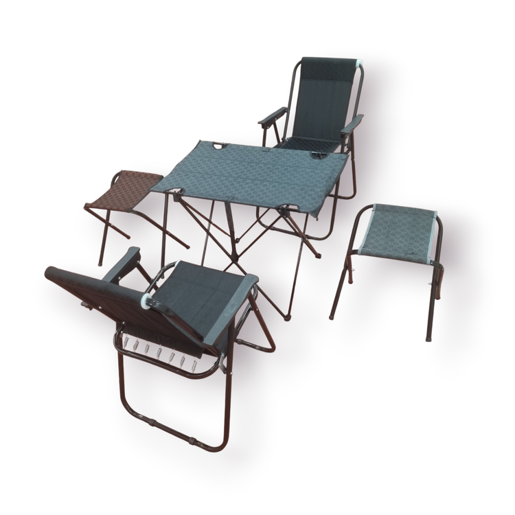 ست میز استراکچر همراه دو صندلی ۷ فنره و دو صندلی ضربدری پایه بلند مناسب کمپینگ خانوادگی