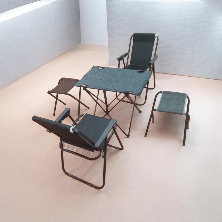 ست میز استراکچر همراه دو صندلی ۷ فنره و دو صندلی ضربدری پایه بلند مناسب کمپینگ خانوادگی